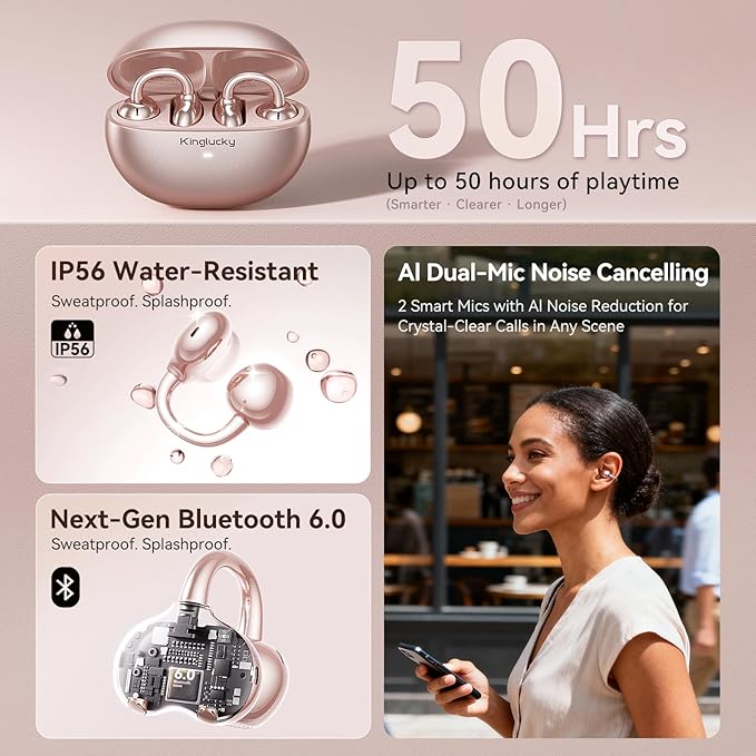 Kinglucky Upgraded Clip-On Earbuds Comfortable fit & Crystal-Clear Sound, 50H Playtime Open Ear Buds Bluetooth 6.0 Wireless Headphones for Women & Kids Ideal for Small Ears,Sports,Glasses Rose Gold