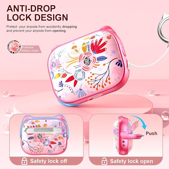 RFUNGUANGO is Compatible with AirPods Pro 3 Protective case, with Mobile Phone Holder Function, Multiple Colors Available, Suitable for AirPods Pro 3 Protective case,Pink + White Flowers