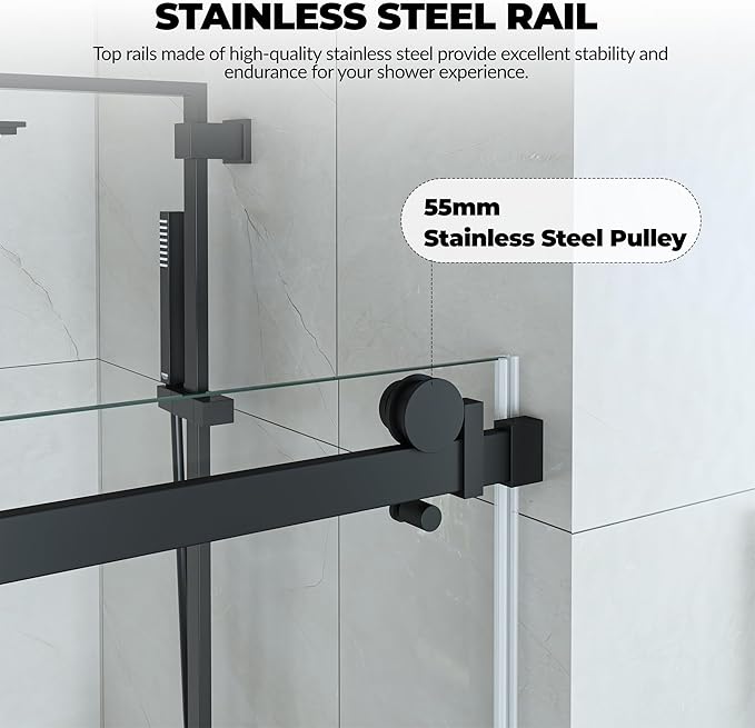 Shower Door 44-48" W x 76" H, Sliding Door, 1/4" (6mm) Clear Tempered Glass, Space-Saving Design for Modern Bathrooms