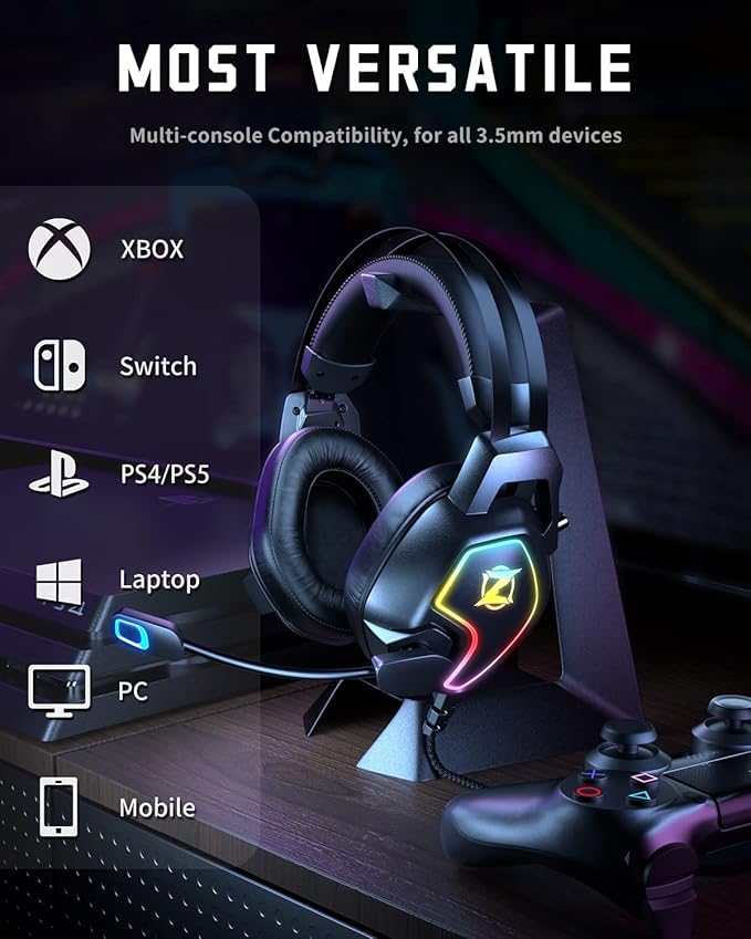 Gaming Headset for Xbox One Series X/S Ps5, Ps4, PC Switch, Noise Canceling Headphones with Microphone, 3.5mm Audio Jack, Auto-Adjust Headband