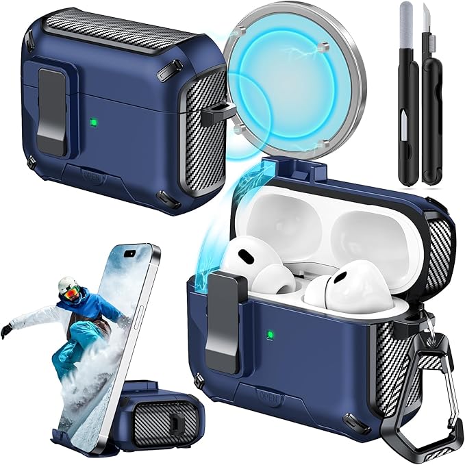 for AirPods Pro 2nd/1st Case (2023/2022/2019) with Phone Stand,（with Automatic Snap Switch） Carbon Fiber Design Protection Cover with Cleaning Pen,Blue