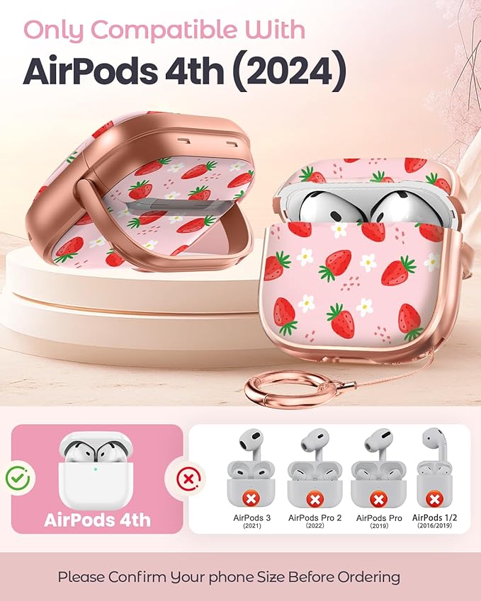 Coralogo for AirPods 4 Case with Safety Lock - Cute Cartoon for Women Girls Fashion Stylish Strawberry Pattern Design Kawaii Girly Girlish Hard Protective Cover for AirPods 4th Generation 2024