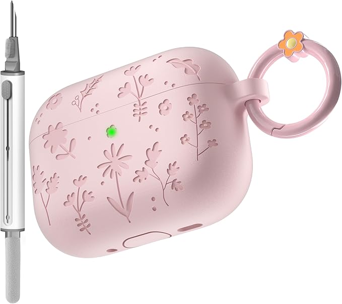 for AirPods Pro 3 Case (2025) DamonLight Floral Engraved Shockproof Protective Soft Silicone Case Cover with Cleaning Pen and Floral Keychain for Apple Airpods Pro 3rd Generation (Pink)