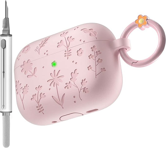 for AirPods Pro 3 Case (2025) DamonLight Floral Engraved Shockproof Protective Soft Silicone Case Cover with Cleaning Pen and Floral Keychain for Apple Airpods Pro 3rd Generation (Pink)