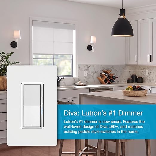 Lutron Diva Smart Dimmer Light Switch for Caseta Lighting (Lutron Smart Hub Required), for LED Lights, 150W, Single-Pole/3-Way, No Neutral, White, 9 Pack