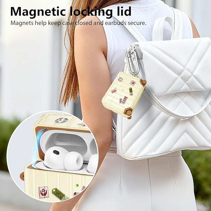 KOREDA Compatible with AirPods Pro 3 Case Cover, Cute Funny Suitcase Design Case for AirPods Pro 3rd Generation, Fashion Protective Hard Case for Women Men with Keychain and Cleaner Kit (Beige)