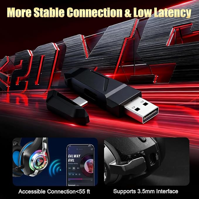 2.4GHz Wireless Gaming Headsets for PS5/PS4/Switch, 2026 RGB Noise Cancelling Headphones with Mics, 4-in-1 Connection, 7.1 Surround Sound, 40mm Drivers, Memory Foam, 45H Wireless Gaming Headphones