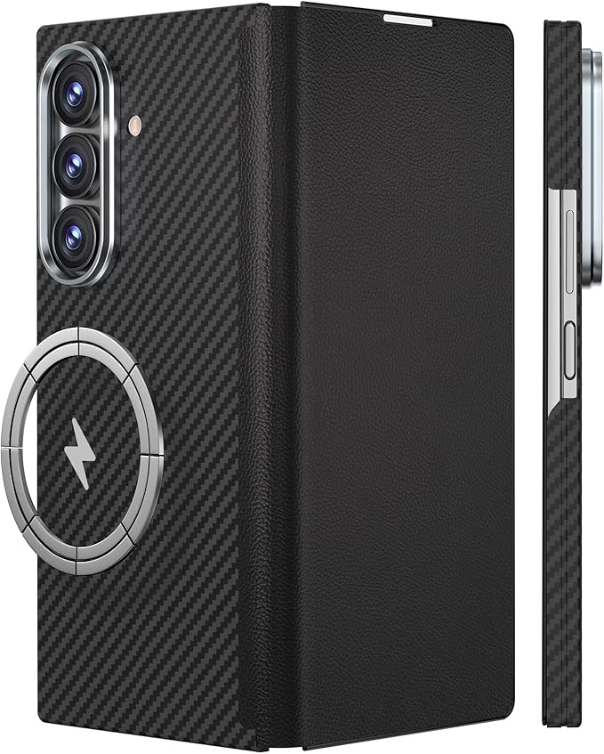 for Samsung Galaxy Z Fold 7 Leather Case, Carbon Fiber Magnetic Phone Case, Ultra-Slim Lightweight Protective Cover with Hinge Protection, MagSafe Compatible, Caseless Touch Feel