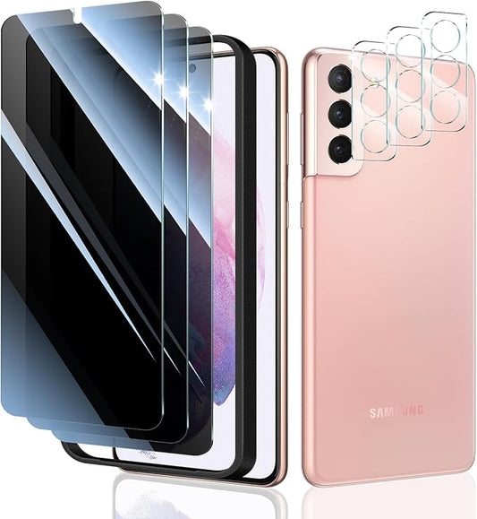 3*Privacy Screen Protector and 3*Camera Lens Protector for Samsung Galaxy S21+/S21 Plus with a Installation Alignment Aid, Anti-Spy Tempered Glass Film, Dark Private Black Protection