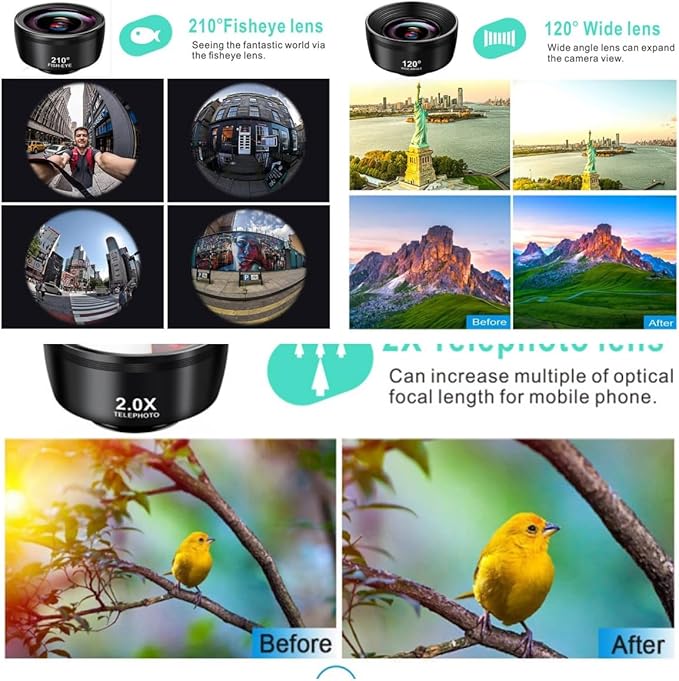 7-in-1 Phone Camera Lens Kit ??210° Fisheye Lens, 120° Wide Angle Lens, 20X Macro Lens for iPhone, Samsung & Android Smartphones ??HD Optical Glass, Universal Clip, Portable Case (Black) (7 in 1)