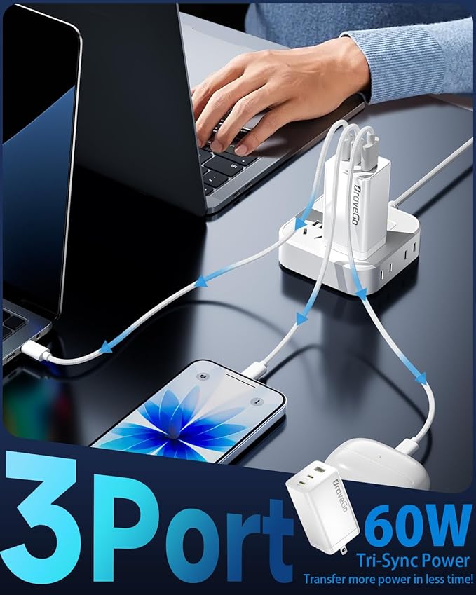 65W Charger Block, 3-Port Fast Charging Adapter, GaN Tech, Compact Wall Plug Block, Light Weight for Travel, for iPhone 15/14/13/12 Plus Pro Max, iPad Pro, iPad, MacBook Air, Samsung, AirPods