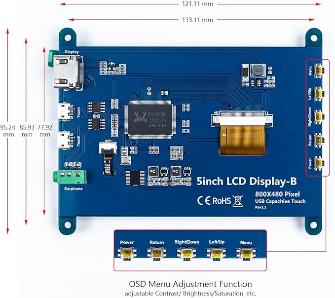 5 Inch IPS LCD Touch Screen Display Panel 800×480 Capacitive Screen HDMI Monitor for Raspberry Pi 5/4/3, BB Black, Windows 10 8 7