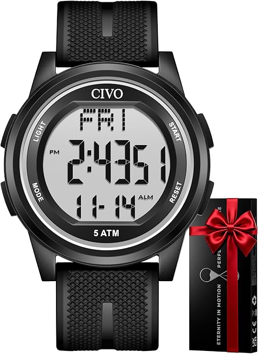 CIVO Digital Watches for Men Women: Sports Waterproof Wristwatch with Stopwatch Alarm Date - LED Backlight Big Numbers Silicone Watch for Outdoor Camping Running Cycling