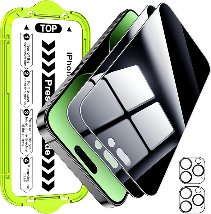 Esanik [2+2 Pack for iPhone 14 Pro Privacy Screen Protector – Anti-Spy Tempered Glass & Camera Lens Cover, Military-Grade 9H Hardness, Anti-Scratch, Flawless Fit Tray