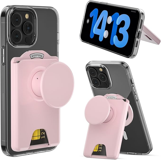 for MagSafe Wallet Stand, Magnetic Wallet Stand Adjustable, Phone Stand Card Holder with Secure Grip, for Samsung S25 S24 S23 Series and for iPhone 17 16 15 14 13 12 Series, Fit 3 Cards, Pink