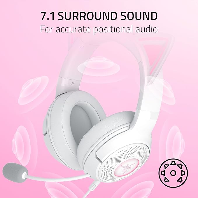 Razer Kraken Kitty V2 USB Wired Headset: Chroma RGB Kitty Ears - Stream Reactive Lighting - HyperClear Cardioid Mic - 40 mm Drivers - 7.1 Surround Sound - Comfortable Ear Cushions - White