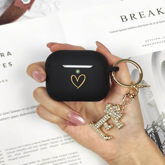 Compatible with AirPods Pro 3 Case Cover (2025), Soft Silicone Case with Gold Heart Pattern for AirPods Pro 3rd Generation Case with Rhinestone Studded Letter A-Z Keychain (E Black)
