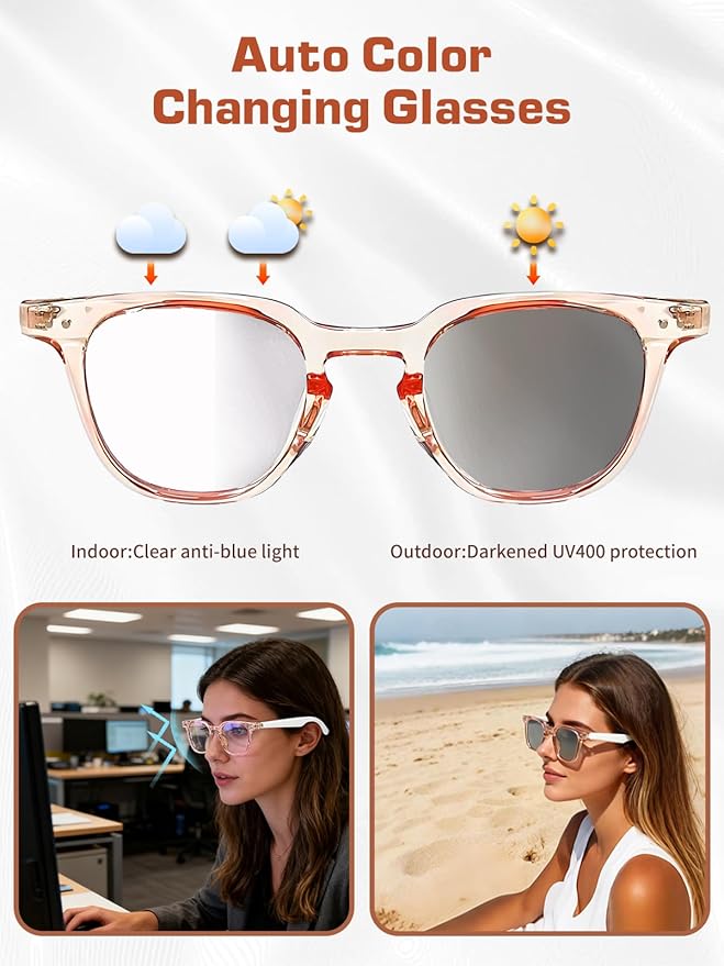Smart Glasses for Women, Bluetooth Glasses with AI Translation & Color-Changing Blue Light Blocking Lenses, Touch Control Voice Assistant for Business, Travel, Meetings