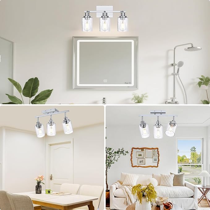 3-Light Chrome Track Light Fixture Ceiling Track Lighting Heads with Seeded Glass Chrome Multi-Directional Rotating Track Lighting Kit Vanity Light Spotlight for Kitchen Accent Shop Bathroom