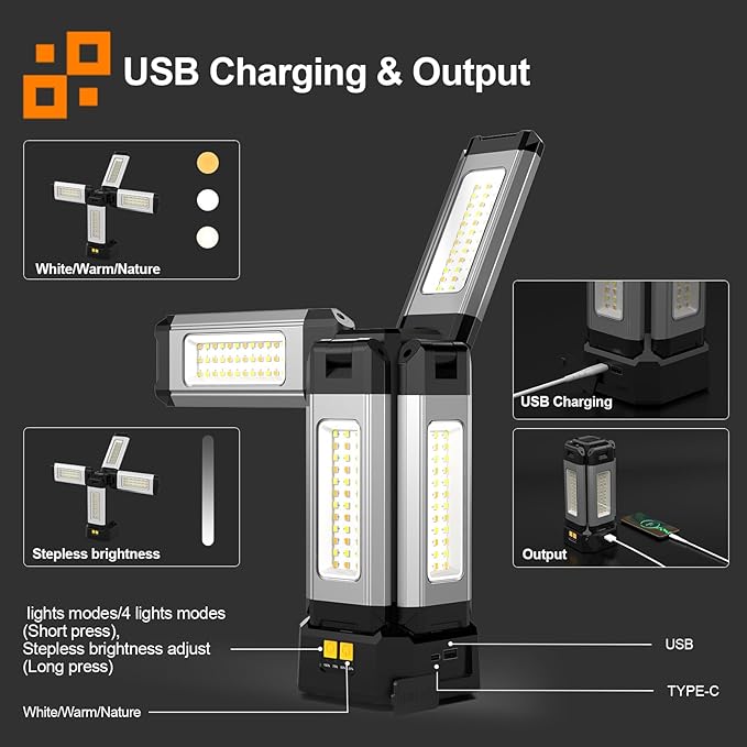 Upgraded Aluminum13200mAh Rechargeable Work Light with 78in Height Folding Stand and Carrying Bag, 8000 Lumen Cordless Camping Light, White/Warm/Nature White with Detachable Tripod (Remote)