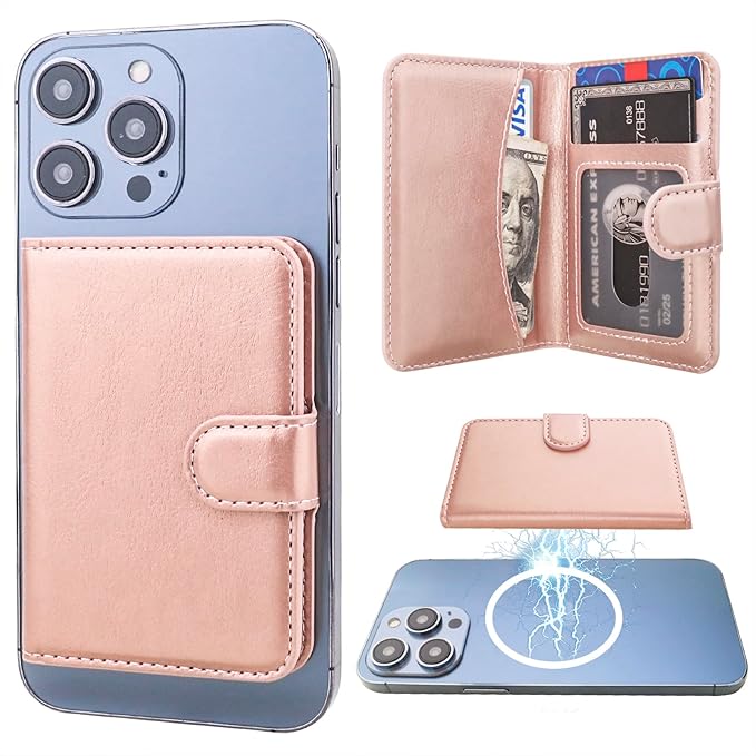 Bocasal for MagSafe Wallet Magnetic Card Holder, RFID Blocking Leather Card Slots for iPhone 17/16/15/14/13/12 Pro/Max/Plus/Air, Adjustable Kickstand Flip Mag Safe Wallet (Rose Gold)