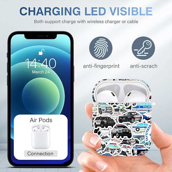 Maxjoy Compatible with AirPods 2nd Generation Case Cover, Cute Flowers Soft Protective for AirPod Gen 1&2 Charging Case,Police Car Lanyard