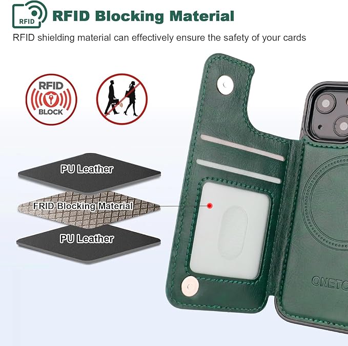 ONETOP Compatible with Magsafe for iPhone 13 Mini Wallet Case with Card Holder, PU Leather Kickstand RFID Blocking Case, Double Magnetic Clasp and Durable Shockproof Cover 5.4 Inch (Green)
