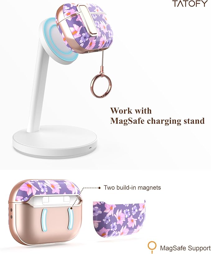 TATOFY for AirPods Pro 2nd Generation Case with Lock Carabiner Cleaner, Slim AirPod Pro 1st & 2nd Hard Case Cover, Compatible with MagSafe (Purple)