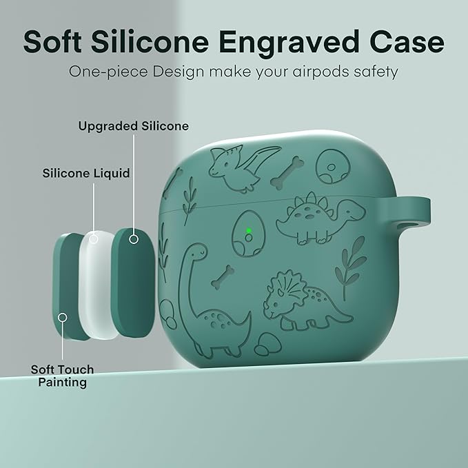 Maxjoy for AirPods 4 Case, Engraved Silicone Cute AirPod 4 Case for Women Men Protective iPod 4 Cover with Keychain Cleaning Kit for AirPods 4th Generation Cover 2024, Dinosaur