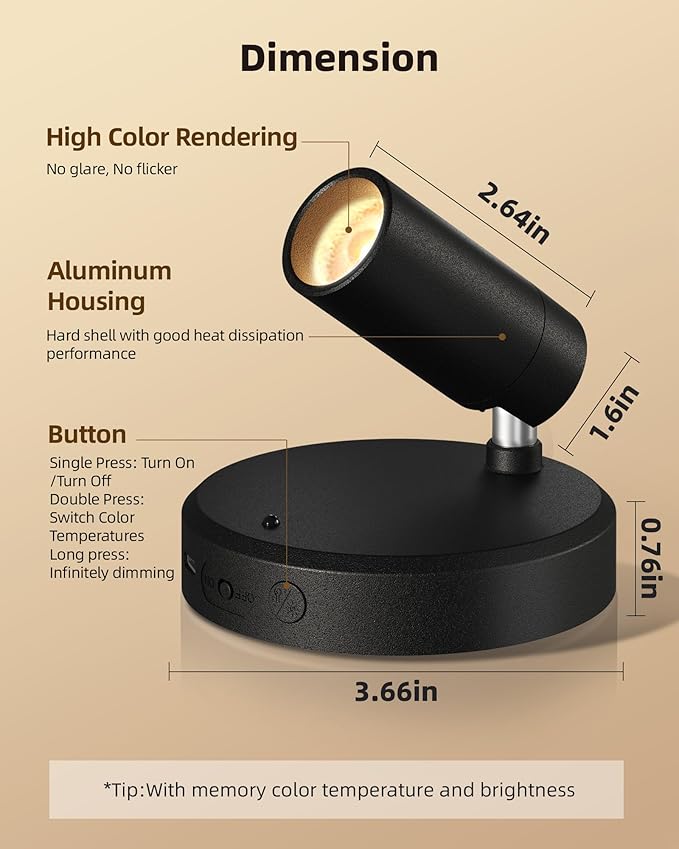 EZVALO Spotlights Indoor with Remote,5500mAh Rechargeable Picture Lights, Wireless LED Uplighting with Timer＆Dimmable, 3CCT,Mini Plant Spot Lights for Painting,Artwork,Accent Lighting(4Pack-Black)