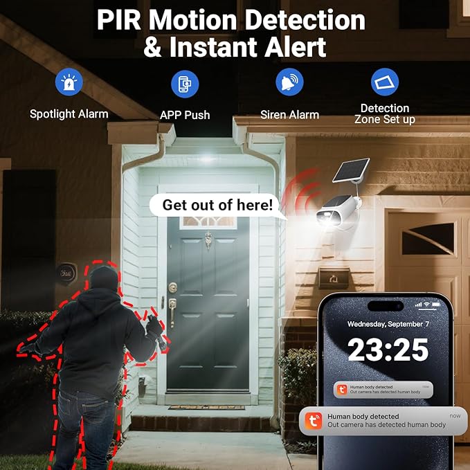 Rraycom 2.5K Solar Security Cameras Wireless Outdoor, 2.4/5Ghz WiFi Battery Solar Powered Security Camera System,Forever Power,Color Night Vision,AI Detection, 2 Way Audio,No Monthly Fee (C366-2PC)