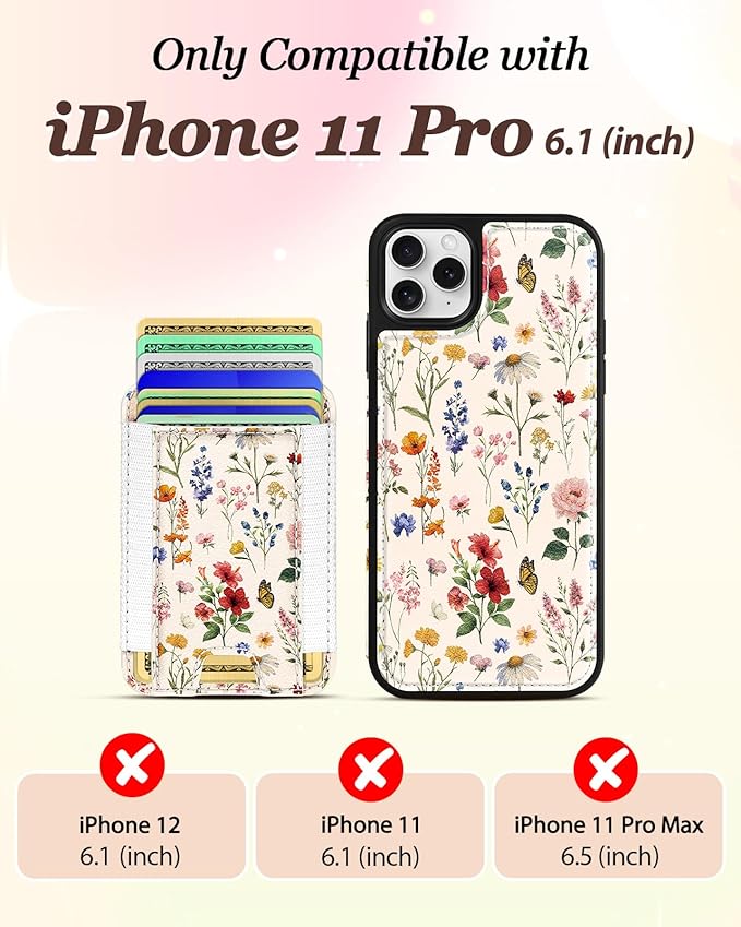 Shorogyt for iPhone 11 Pro Case Wallet - Fits 5 Cards, Compatible with Magsafe Detachable Magnetic Credit Card Holder Leather Cardholder Cute Phone Cover Women Girls for Apple 11Pro, Floral
