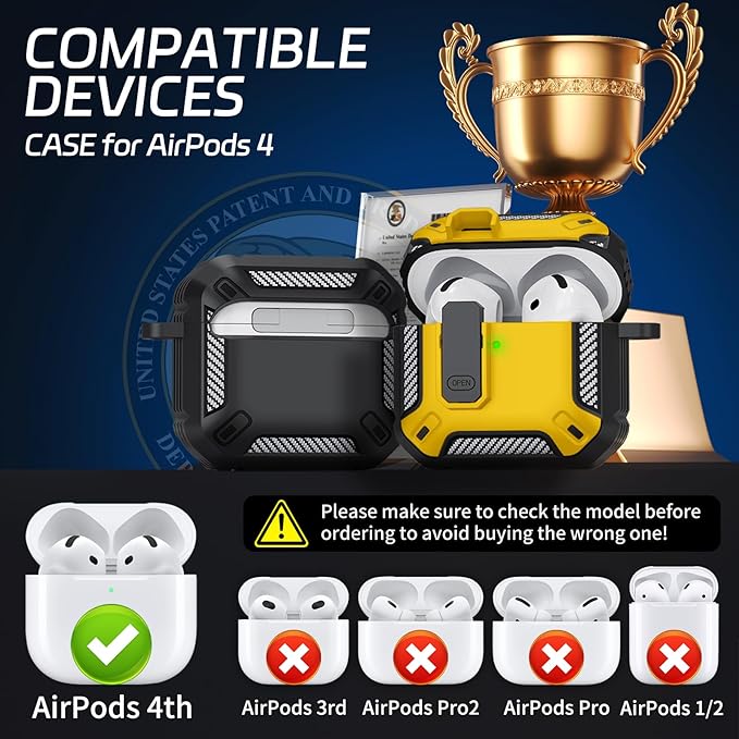 for AirPods 4 Case, 【Secure Lock】 Case Cover for Apple Airpods 4 with Active Noise Cancellation 2024, Yellow Case for Airpods 4 with Cleaner Kit and Keychain, Drop Protection
