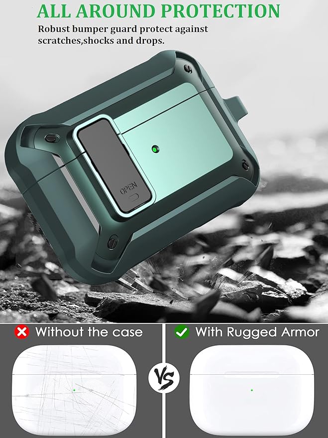 for Airpods Pro 2/1 Gen Case Cover with Lock (2019/2022/2023), Rugged Locking Case for Airpod Pro 2nd/1st Generation Shockproof Armor Protective Skin for Apple iPod Pro - Army Green