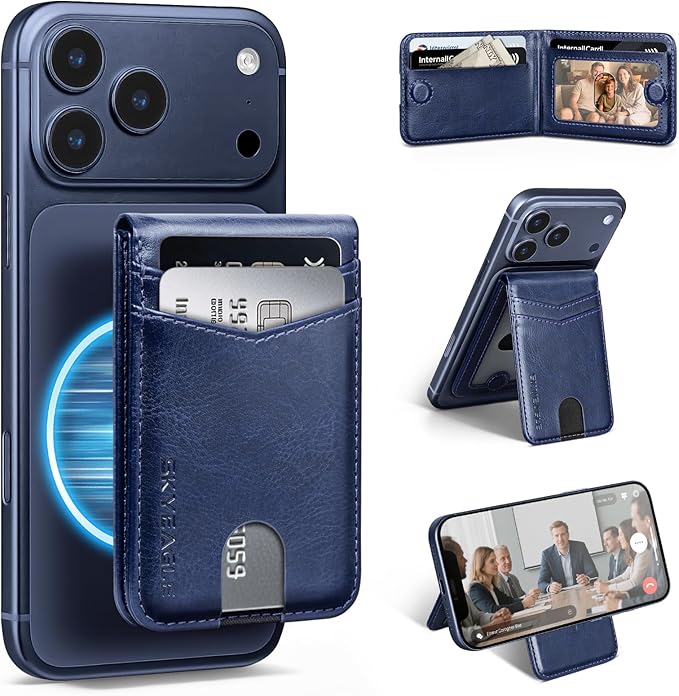 Compatible with Magsafe Case with Card Holder for Men Women Magnetic Ultra-Thin Wallet Bracket Adjustable Bracket for iPhone 17/16/15/14/13/12 Pro/Pro Max/PlusSeries,Blue