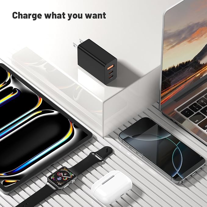 100W USB C Wall Charger ，3-Port GaN USB C Charging Block,PD+QC Power Adapter Multiport Brick Type C Plug for iPhone17 16 15 14 13 12 11 Pro Max XS，MacBook, XPS, Galaxy S24 and More