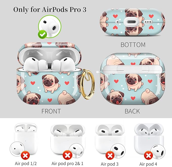 for AirPods Pro 3 Case, Compatible with AirPods Pro 3rd Generation Case (2025), Shockproof Protective Cover with Golden Carabine (Cute Dog Hearts Blue)