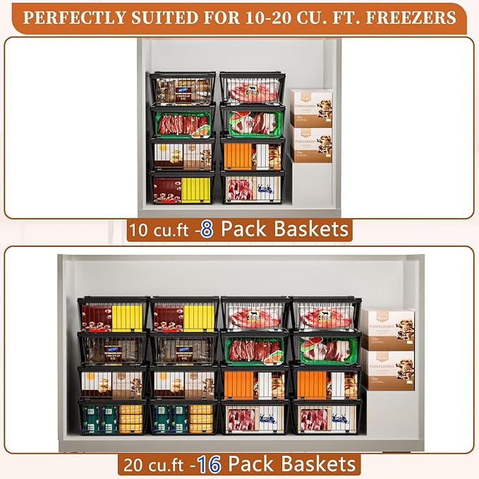 Large Freezer Organizer Bins，Upgraded Bottom Leak-Proof net，6 Pack， Expandable Stackable Chest Freezer Containers with Handle，for Fridge, Deep Freezer, Cabinet, Kitchen, Pantry (Black-6Pack)