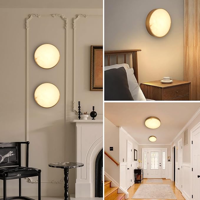 Round Antique Alabaster Wall Sconce, Natural Marble Wall Lighting Dimmable, LED Alabaster Wall Lamp for Living Room, Stair, Bedroom, Hallway, Bedside