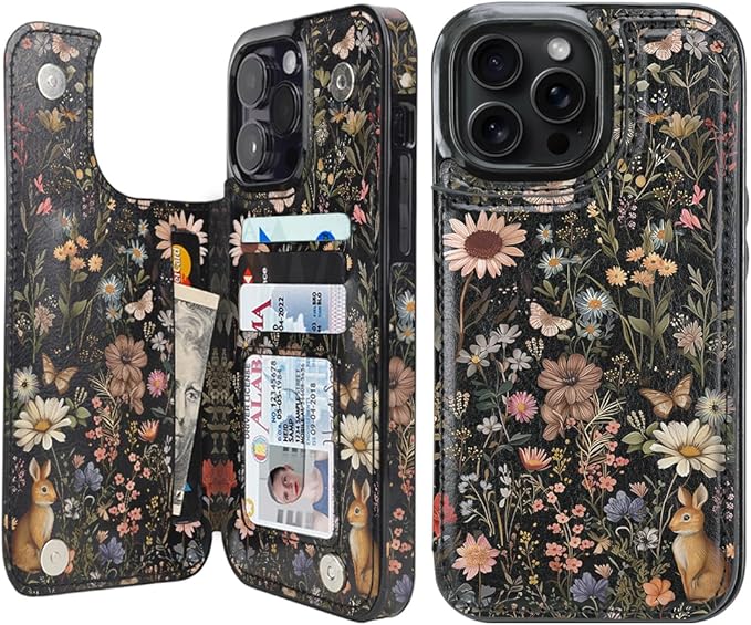 uCOLOR Compatible with iPhone 14 Pro Max 6.7" Wallet Case with Card Holder Folio Flip PU Leather Kickstand Card Slots Case Double Magnetic Clasp and RFID Blocking Cover (Wild Garden)