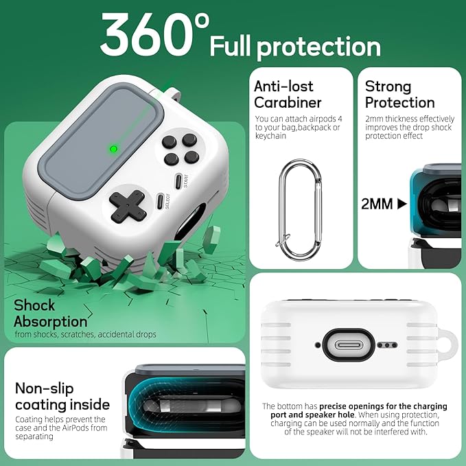 Inesore for Airpods 4 Case with Lock,Compatible with Airpods 4 with Active Noise Cancellation Cases,Classic Cool Funny Game Console Air pods4 Case Cover for Men Boy with Cleaner Kit(White)