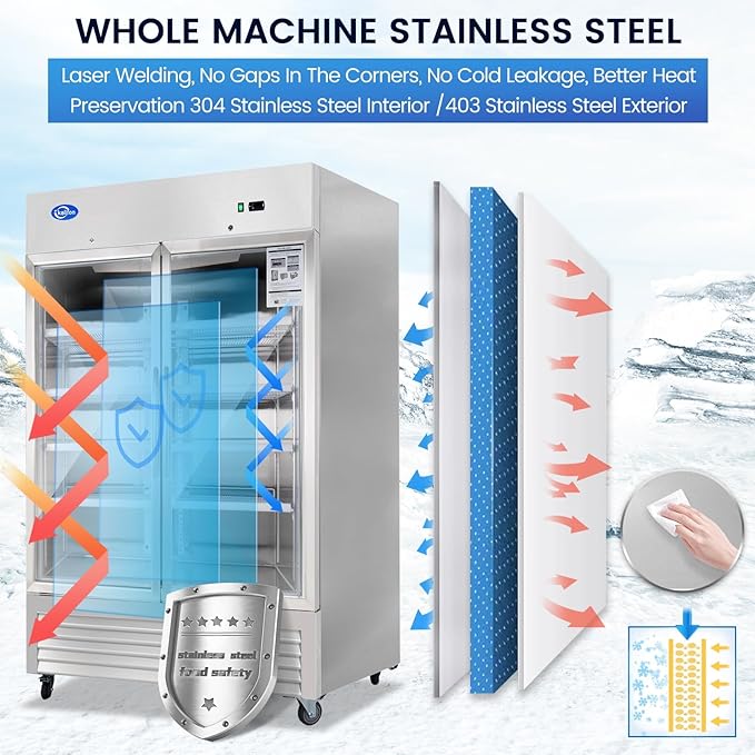 49 Cu.Ft Commercial Refrigerator, 54" Display Merchandiser, 2 Glass Door Reach-in Upright Beverage, Stainless Steel Upright Fridge Cooler with LED Lighting for Restaurant Kitchen
