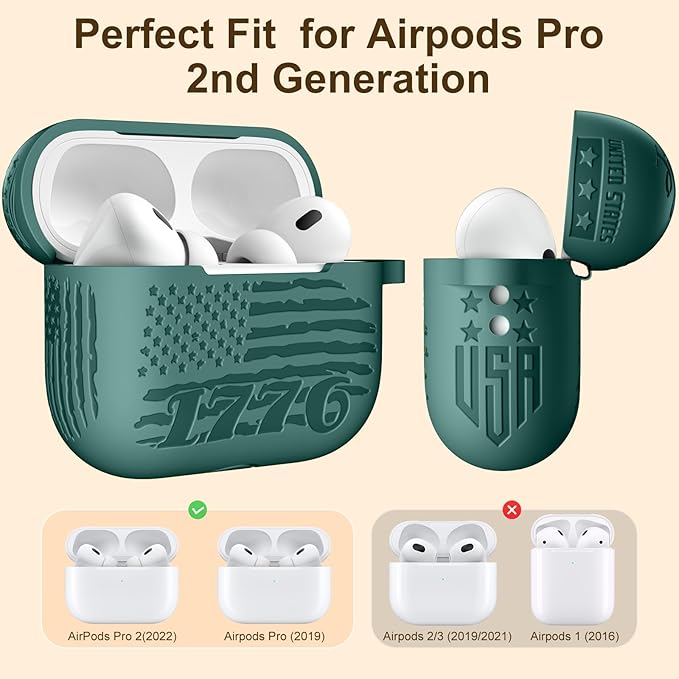 USA Flag Engraved for Airpods Pro 2nd Generation Case,Engraved Soft Silicone Skin Cover Full Protective/Compatible with Apple AirPods Pro Case 2nd,Front LED Visible
