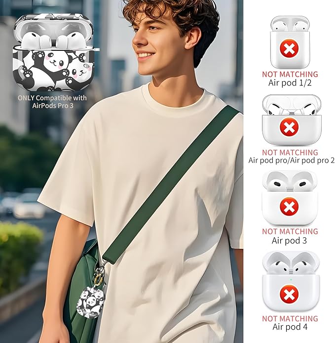 Compatible with AirPods Pro 3 (2025) Case, Airpod Pro 3 Protective Cover with Cute Golden Keychain for Girls & Women (Smile Panda)