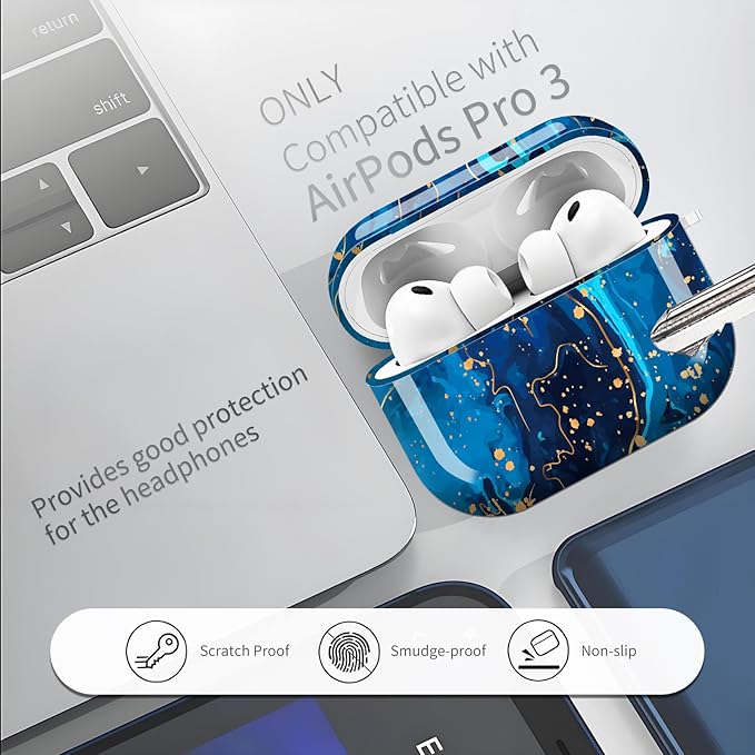 Compatible with AirPods Pro 3 (2025) Case, Airpod Pro 3 Protective Cover with Cute Golden Keychain for Girls & Women (Cute Blue Flower)