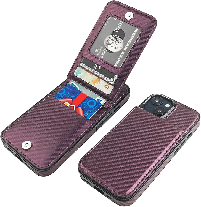 KIHUWEY Compatible with iPhone 15 Case Wallet with Credit Card Holder, Flip Premium Leather Magnetic Clasp Kickstand Heavy Duty Protective Cover for iPhone 15 6.1 Inch (Carbon Purple)