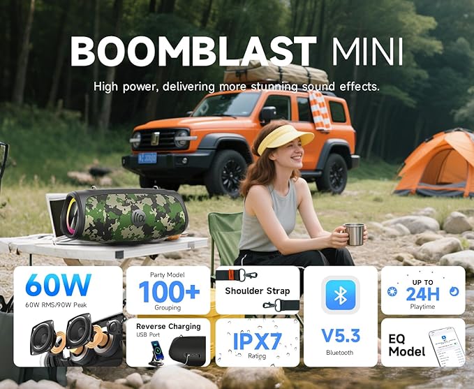 Portable Bluetooth Speaker 60W RMS,90W Peak Loud Subwoofer Wireless Stereo with HD Sound,8H Playtime IPX7 Waterproof for Party cmaping Beach