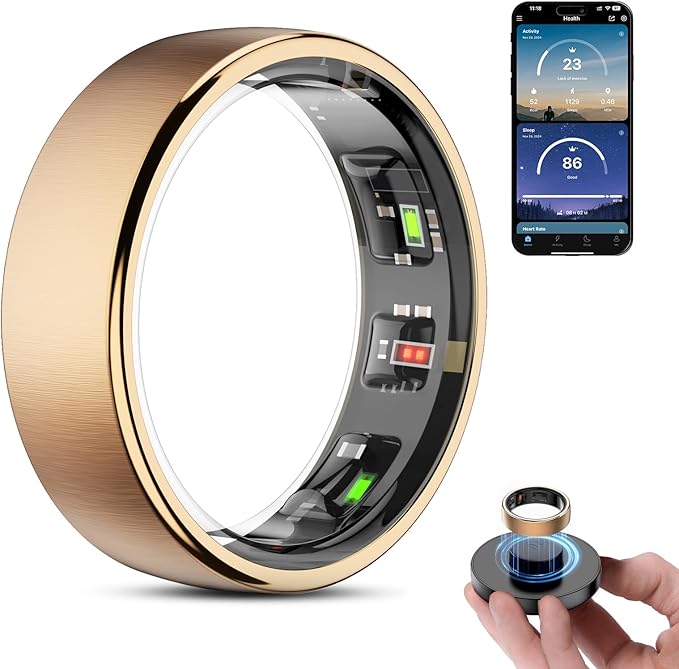 Smart Ring Health Tracker, Wireless Charging Case Fitness Ring, Brushed Stainless Steel Ring with Sleep and Exercise Tracking, Compatible with iOS and Android (Gold, 8)