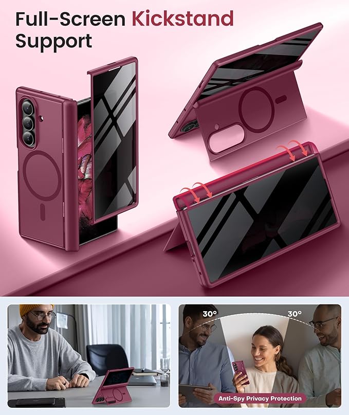 BERFY for Samsung Galaxy Z Fold 7 Case with Privacy Screen Protector, [Compatible with MagSafe][Anti Spy] Built-in Hidden Kickstand, Full-Body Shockproof Slim Phone Case for Z Fold 7, Red