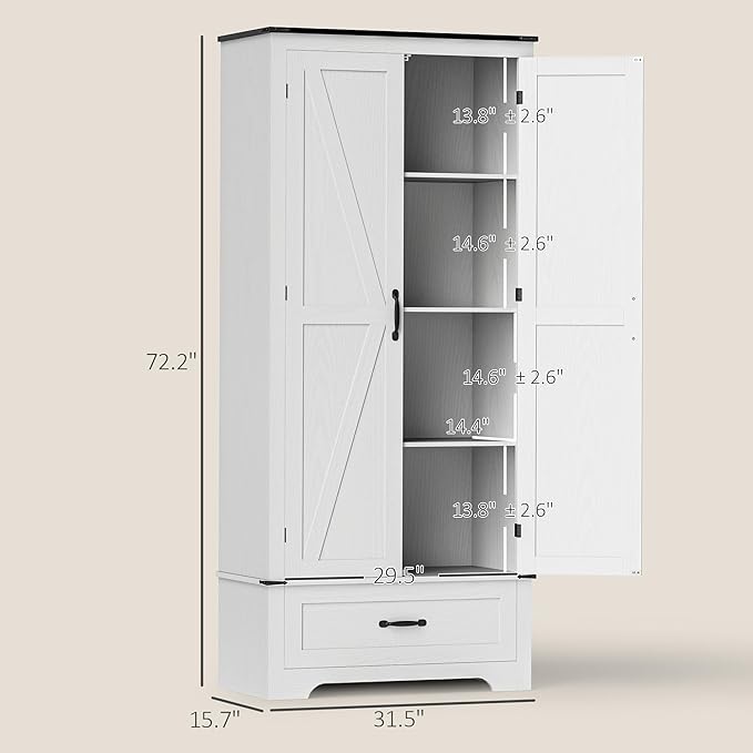 HOMCOM 72" Tall Farmhouse Kitchen Pantry Cabinet - Kitchen Storage Cabinet with Adjustable Shelves & 2 Barn Doors & Drawer, Versatile Storage Unit for Dining Room, Distressed White